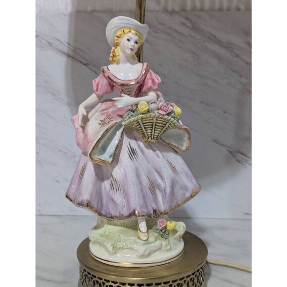 Antique 1950's Porcelain Lady 9" Tall Figurine Gold Tone Base Lamp - Picture 1 of 9